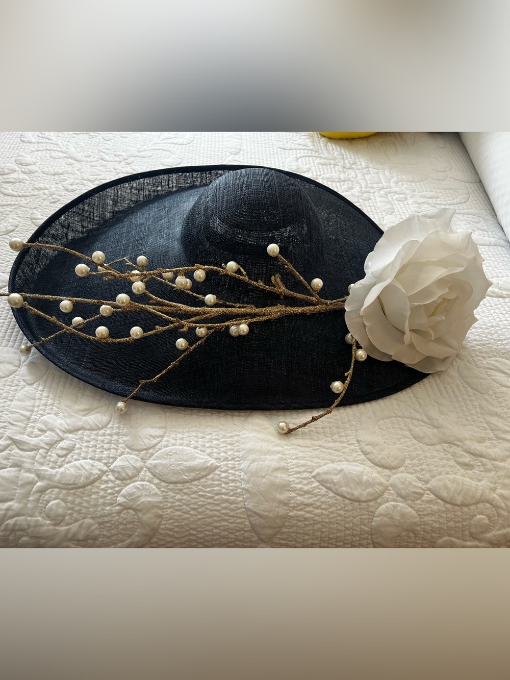 Black Wide-Brim Hat with Pearl Branch and White Rose Accent